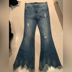 Frayed long flare jeans